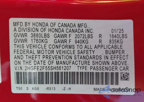 2025 Honda Civic Sport z USA, uszkodzony, nr VIN 2HGFE2F55SH561207